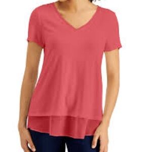 JM Collection Coral Pink V-Neck Layered Hem Short Sleeve Top